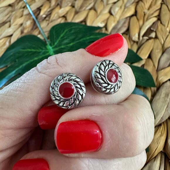 BOGO FREE RED SILVER STUD STONE EARRINGS - Picture 1 of 4